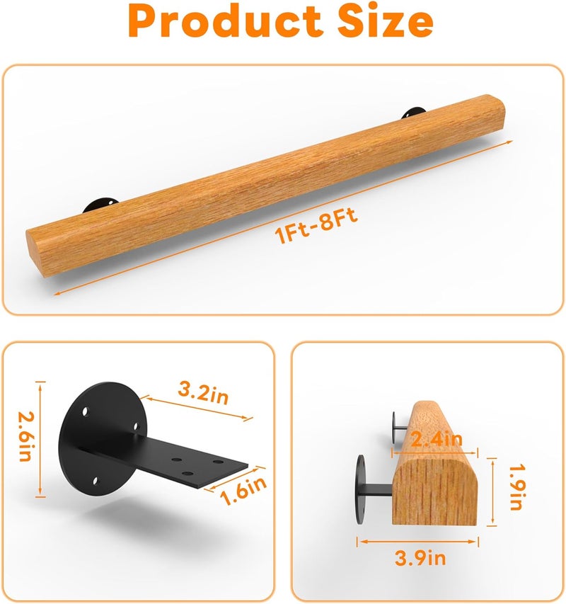 YEOOE 5FT Wood Stair Handrails Wall Mount, Hand Railings for Stairs Indoor Outdoor, Non-Slip Staircase Handrail for Corridor, Lofts, Patio, Kindergarten Guardrail (Size: 5ft) - Image 2
